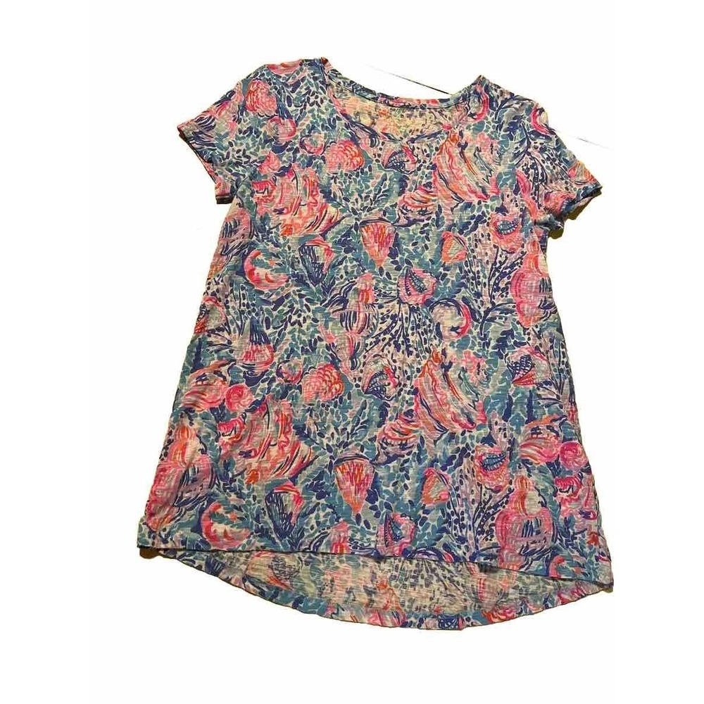 Lilly Pulitzer Scoop Neck Etta T XS Beach Preppy Oversized Coral Teal Pink‎